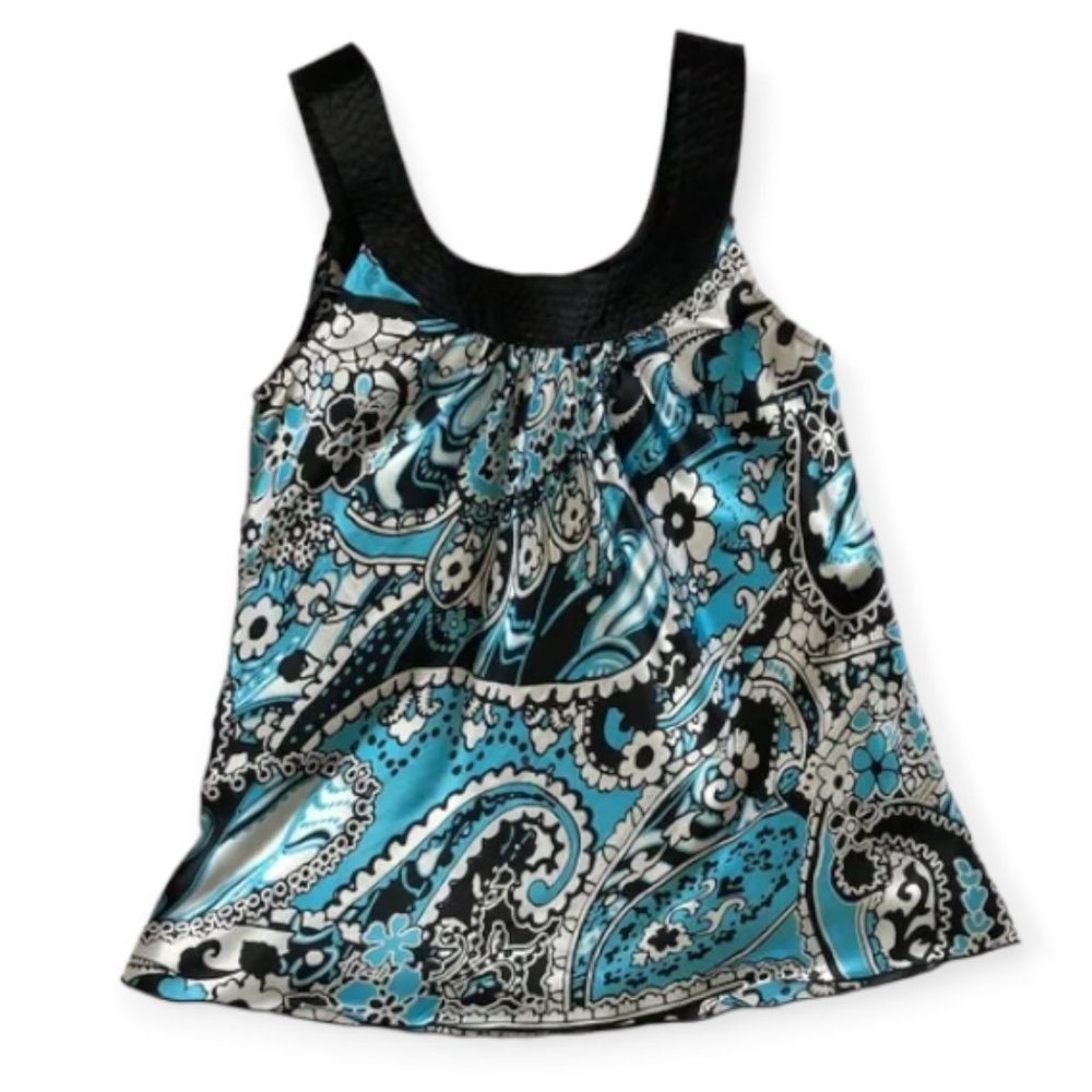 AB Studio Fancy Tank Top Blouse Flair Out Black Blue White Pattern Size Small